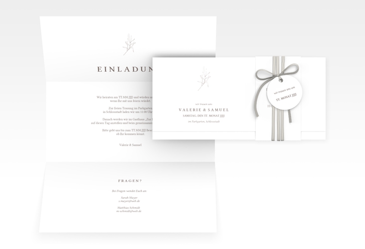 Hochzeitseinladung Ivy Wickelfalzkarte + Banderole weiss hochglanz minimalistisch mit kleiner botanischer Illustration