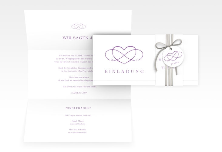 Hochzeitseinladung Infinity Wickelfalzkarte + Banderole lila hochglanz