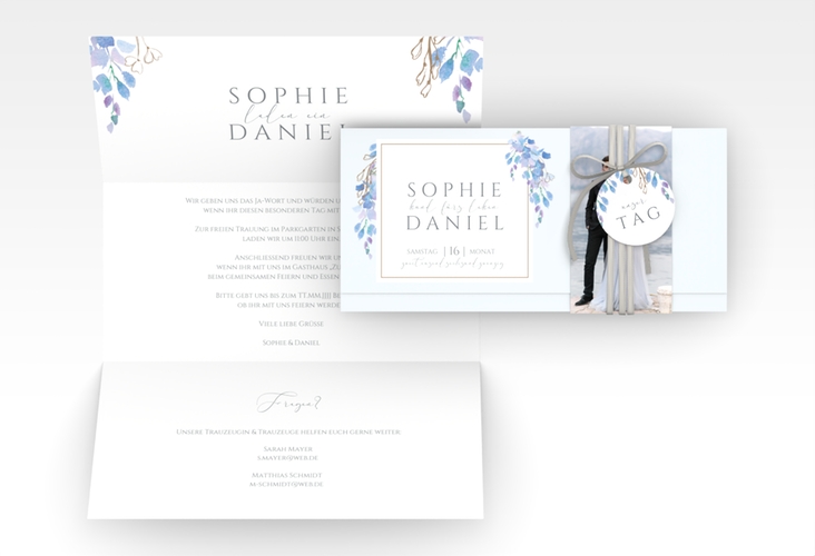 Hochzeitseinladung Blauregen Wickelfalzkarte + Banderole blau mit Wisteria-Blüten