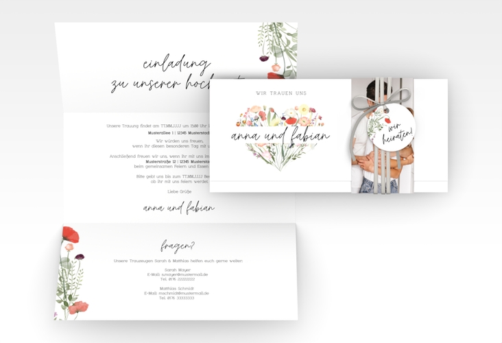 Hochzeitseinladung Wildblumenherz Wickelfalzkarte + Banderole