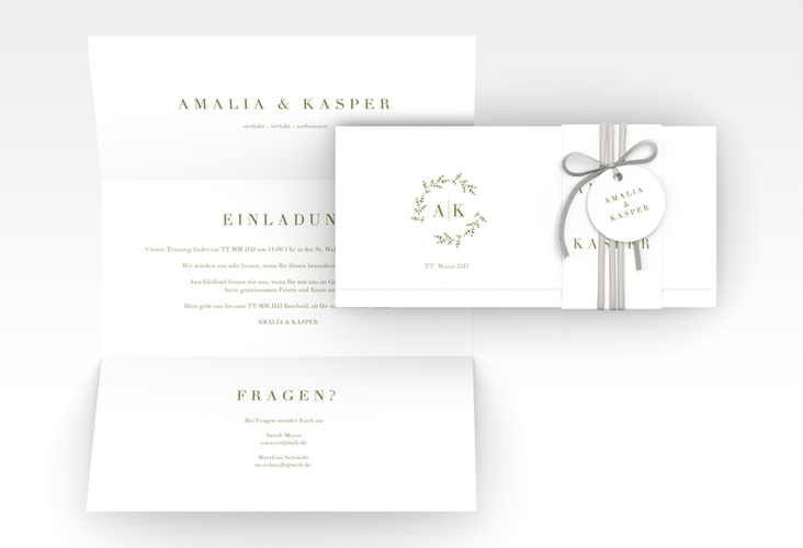Hochzeitseinladung Filigrana Wickelfalzkarte + Banderole gruen hochglanz in reduziertem Design mit Initialen und zartem Blätterkranz