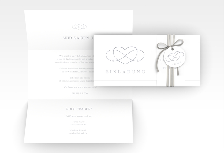 Hochzeitseinladung Infinity Wickelfalzkarte + Banderole grau