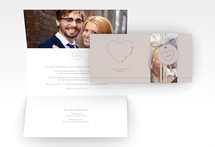 Hochzeitseinladung Lebenstraum Wickelfalzkarte + Banderole grau