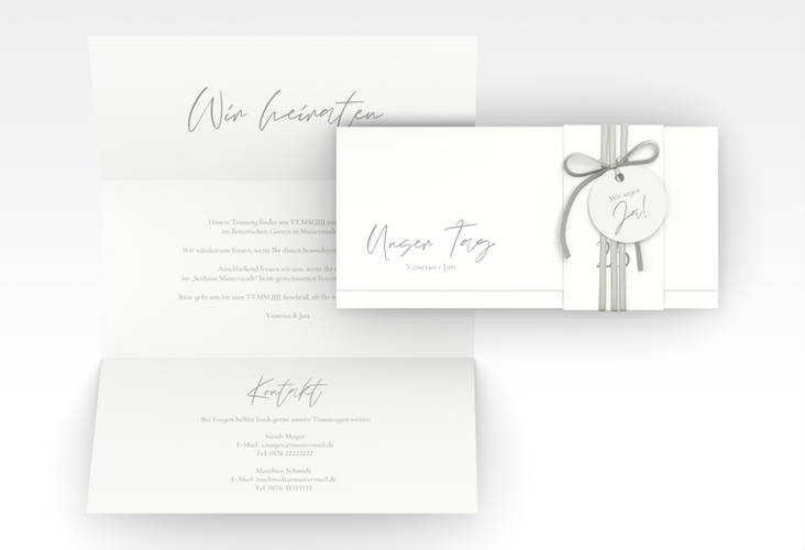 Hochzeitseinladung Day Wickelfalzkarte + Banderole weiss hochglanz mit Datum im minimalistischen Design