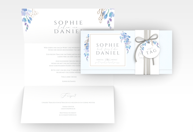 Hochzeitseinladung Blauregen Wickelfalzkarte + Banderole hochglanz mit Wisteria-Blüten