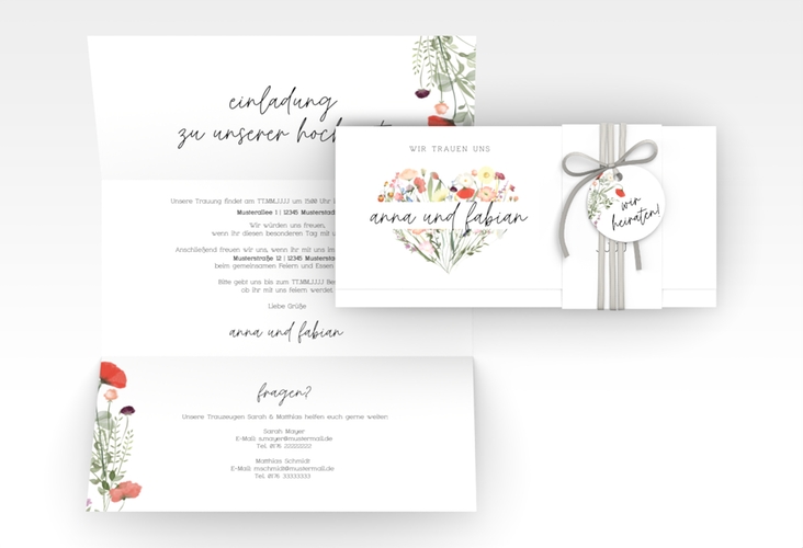 Hochzeitseinladung Wildblumenherz Wickelfalzkarte + Banderole bunt hochglanz