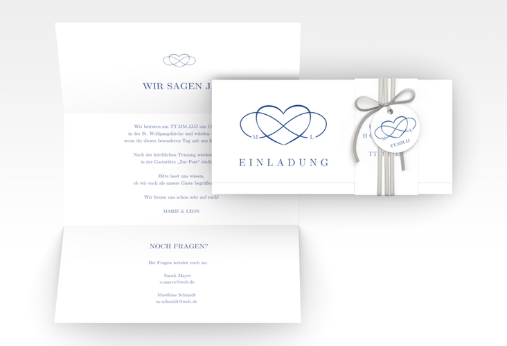 Hochzeitseinladung Infinity Wickelfalzkarte + Banderole blau