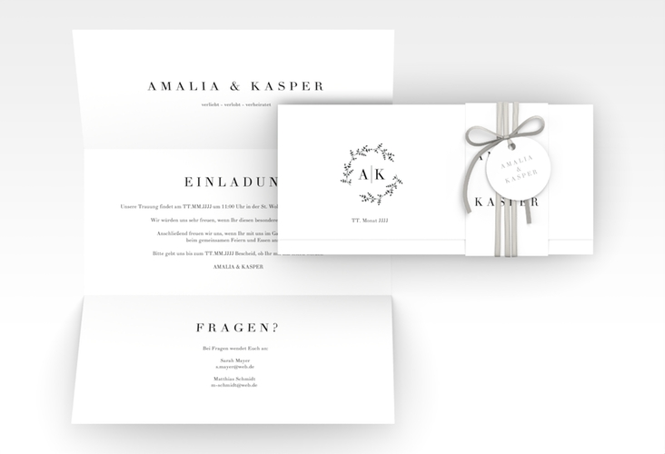 Hochzeitseinladung Filigrana Wickelfalzkarte + Banderole hochglanz in reduziertem Design mit Initialen und zartem Blätterkranz