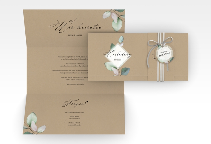 Hochzeitseinladung Foglia Wickelfalzkarte + Banderole Kraftpapier edel mit Eukalyptus im Aquarell-Design