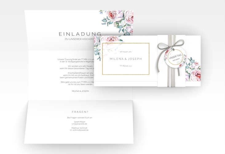 Hochzeitseinladung Embrace Wickelfalzkarte + Banderole weiss