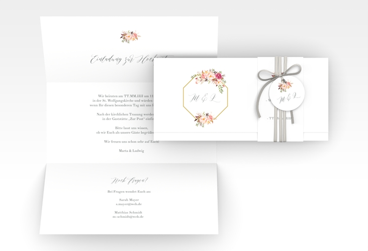 Hochzeitseinladung Prachtvoll Wickelfalzkarte + Banderole weiss