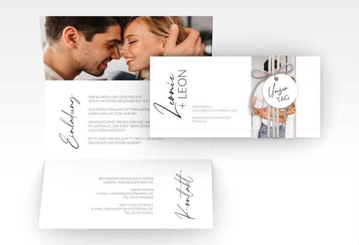 Hochzeitseinladung Your Name Wickelfalzkarte + Banderole weiss