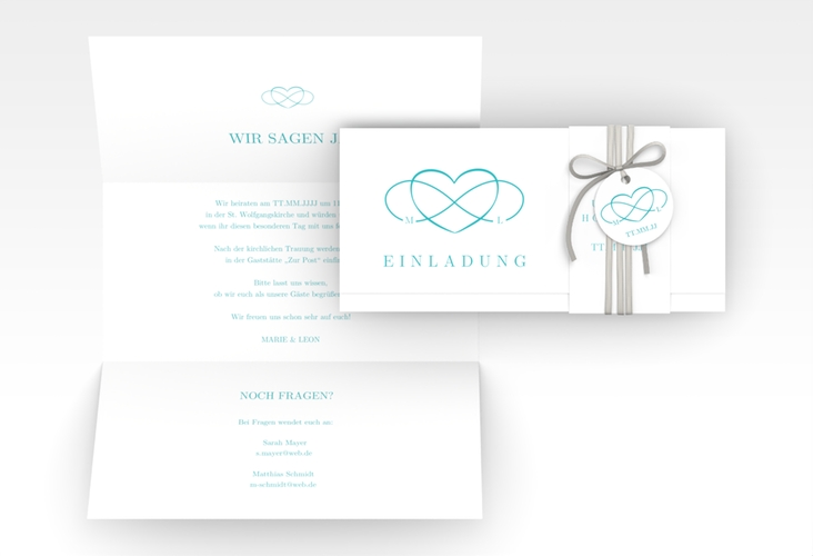 Hochzeitseinladung Infinity Wickelfalzkarte + Banderole tuerkis