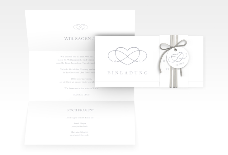 Hochzeitseinladung Infinity Wickelfalzkarte + Banderole grau