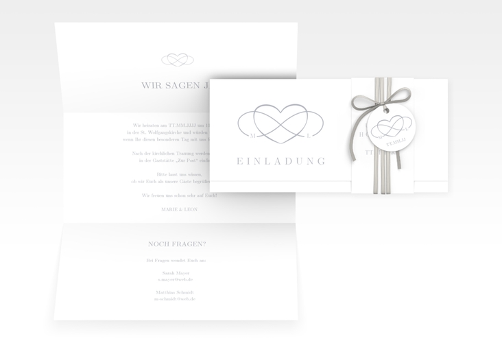 Hochzeitseinladung Infinity Wickelfalzkarte + Banderole grau hochglanz