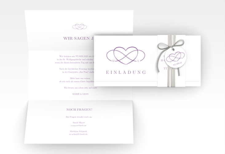 Hochzeitseinladung Infinity Wickelfalzkarte + Banderole lila