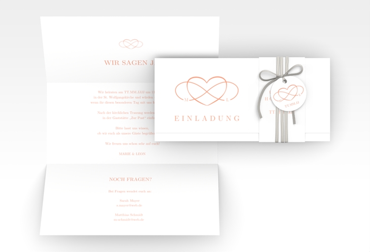 Hochzeitseinladung Infinity Wickelfalzkarte + Banderole apricot