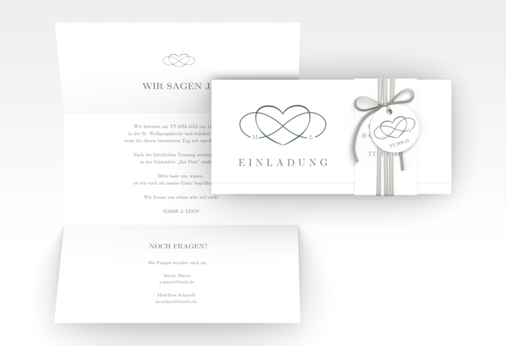 Hochzeitseinladung Infinity Wickelfalzkarte + Banderole gruen