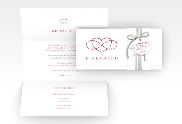 Hochzeitseinladung Infinity Wickelfalzkarte + Banderole rot
