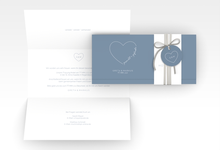 Hochzeitseinladung Lebenstraum Wickelfalzkarte + Banderole blau