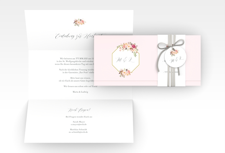 Hochzeitseinladung Prachtvoll Wickelfalzkarte + Banderole rosa