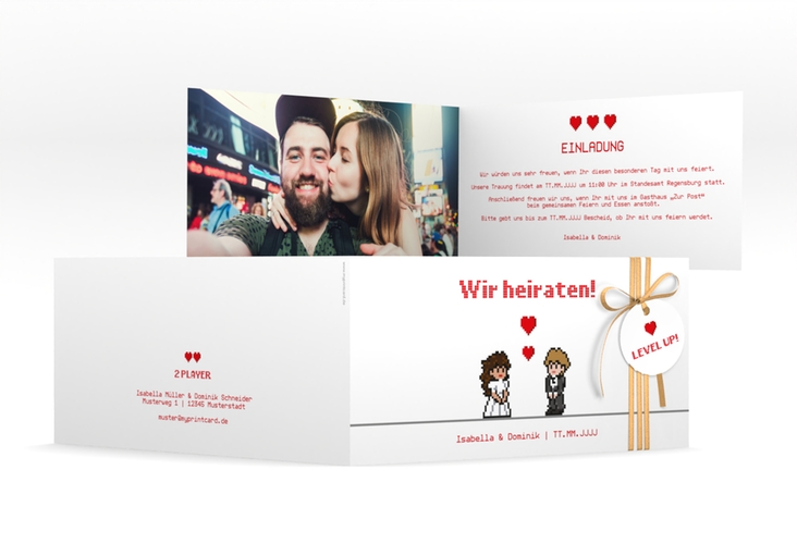 Hochzeitseinladung Pixel lange Klappkarte quer weiss hochglanz
