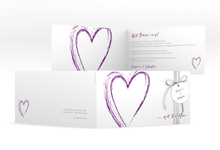 Hochzeitseinladung Liebe lange Klappkarte quer lila hochglanz