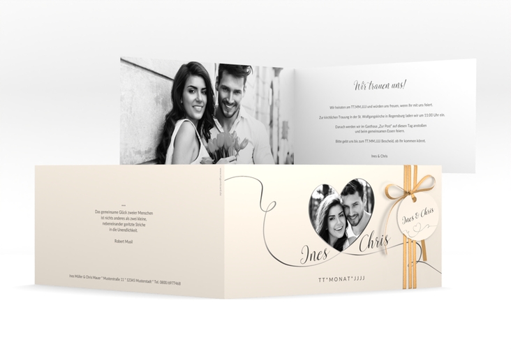 Hochzeitseinladung Dolce lange Klappkarte quer beige