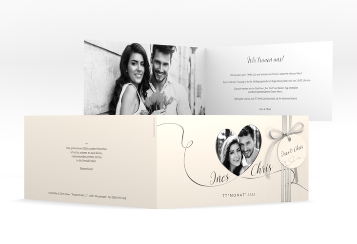 Hochzeitseinladung Dolce lange Klappkarte quer beige