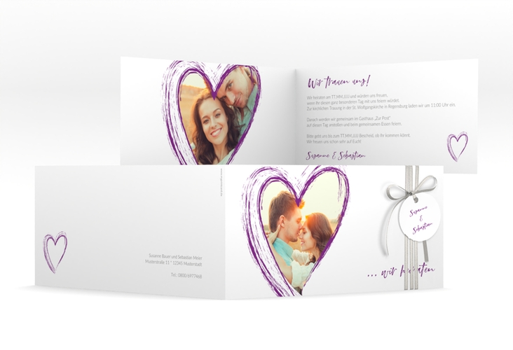 Hochzeitseinladung Liebe lange Klappkarte quer lila hochglanz
