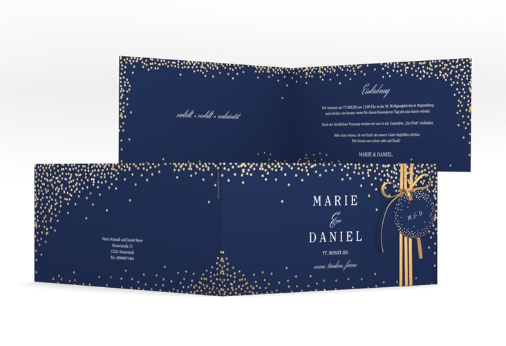Hochzeitseinladung Glitter lange Klappkarte quer blau hochglanz