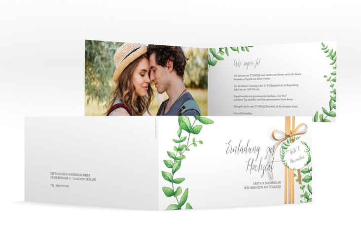 Hochzeitseinladung Botanic lange Klappkarte quer weiss