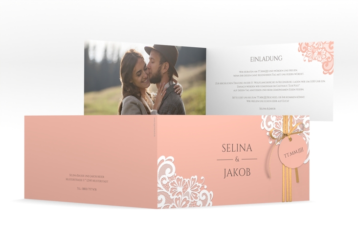 Hochzeitseinladung Vintage lange Klappkarte quer apricot mit floraler Spitze