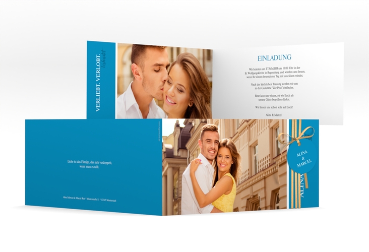 Hochzeitseinladung Classic lange Klappkarte quer blau
