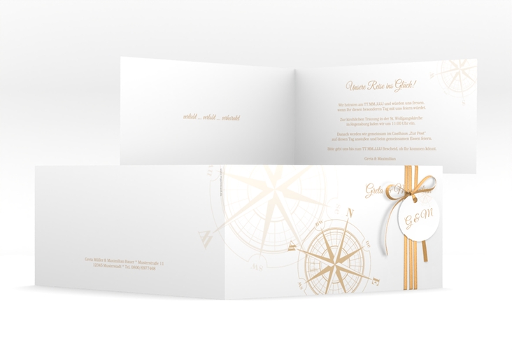 Hochzeitseinladung Windrose lange Klappkarte quer beige hochglanz