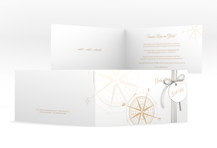 Hochzeitseinladung Windrose lange Klappkarte quer beige hochglanz