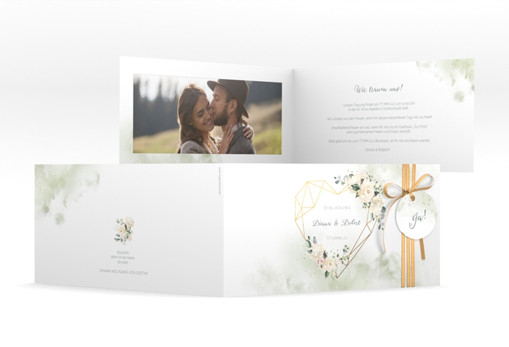 Hochzeitseinladung Adore lange Klappkarte quer gruen hochglanz