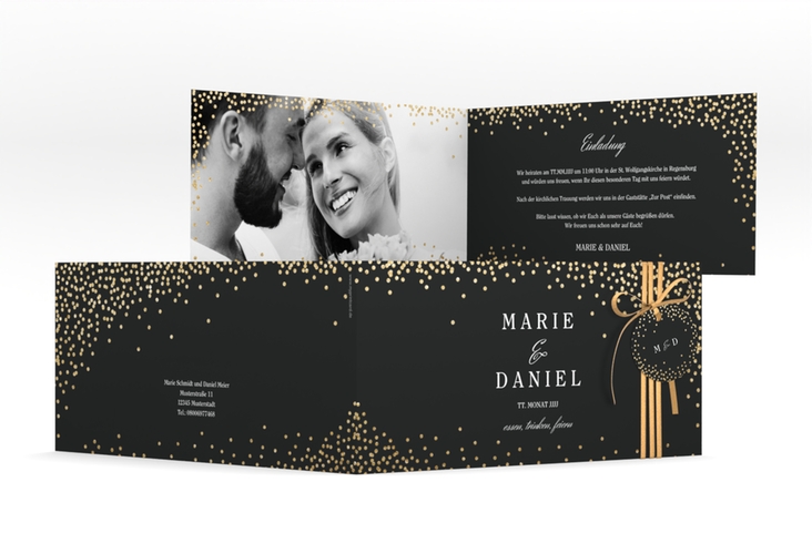 Hochzeitseinladung Glitter lange Klappkarte quer schwarz hochglanz