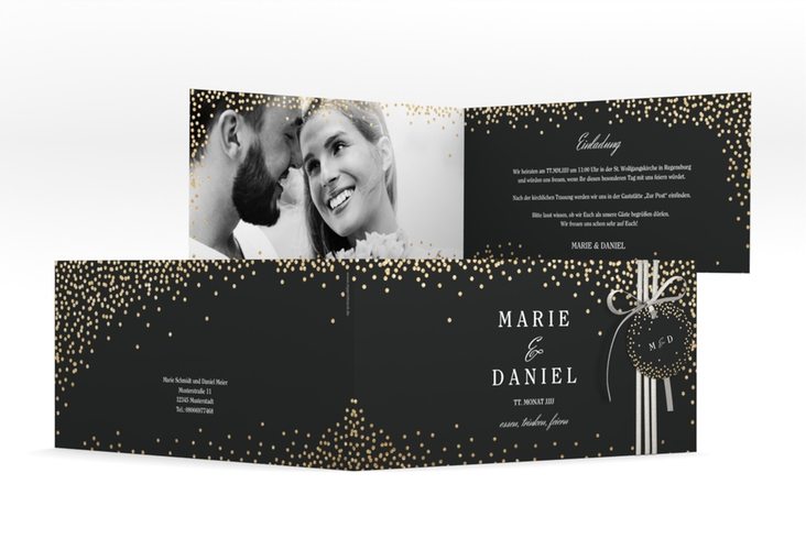 Hochzeitseinladung Glitter lange Klappkarte quer schwarz hochglanz