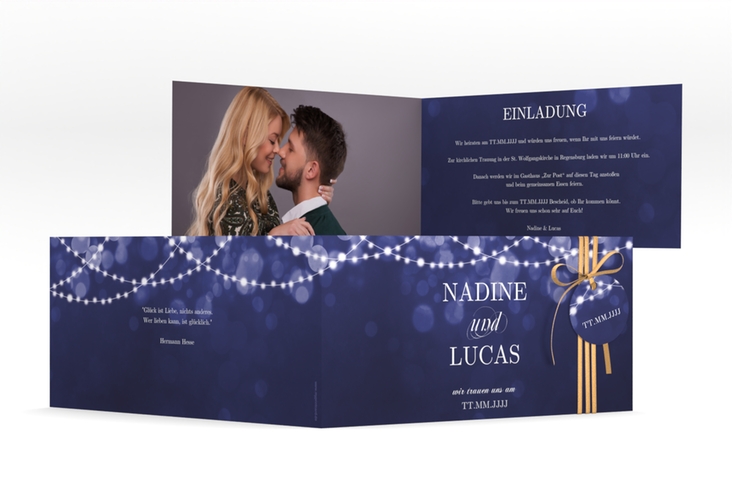 Hochzeitseinladung Lichtspiel lange Klappkarte quer blau