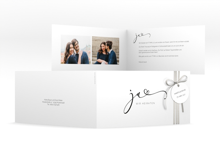 Hochzeitseinladung Jawort lange Klappkarte quer weiss hochglanz modern minimalistisch mit veredelter Aufschrift