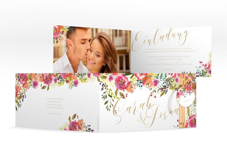 Hochzeitseinladung Flowerbomb lange Klappkarte quer weiss