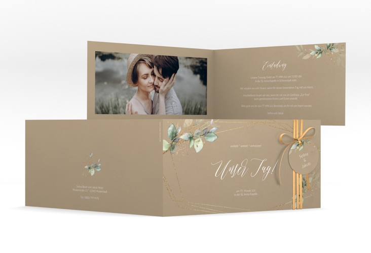 Hochzeitseinladung Greenish lange Klappkarte quer Kraftpapier hochglanz