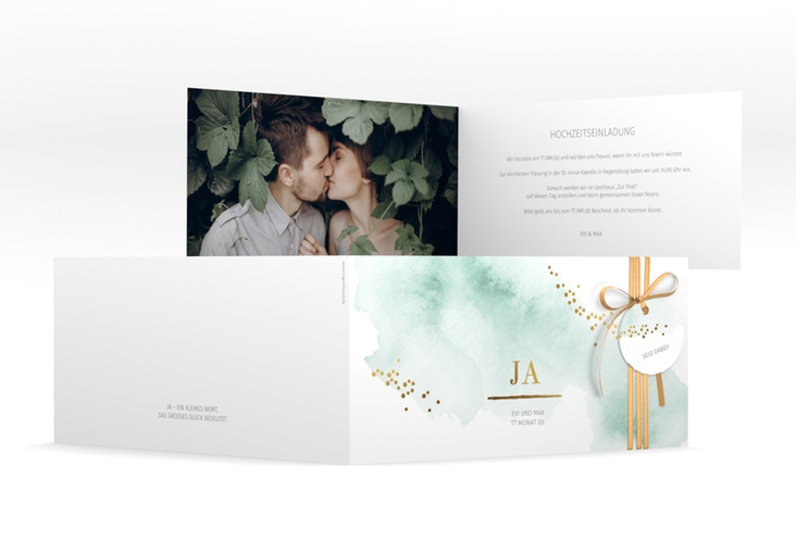 Hochzeitseinladung Pastell lange Klappkarte quer mint hochglanz