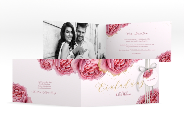 Hochzeitseinladung Cherie lange Klappkarte quer rosa hochglanz