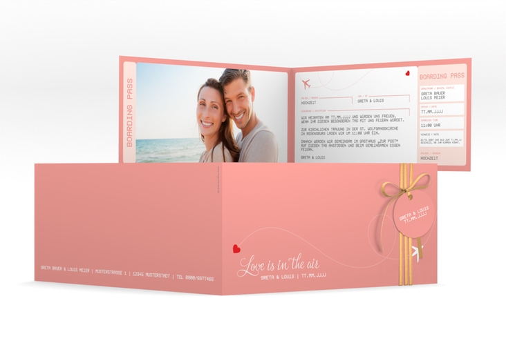 Hochzeitseinladung Weddingpass lange Klappkarte quer rosa hochglanz