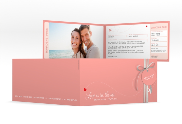 Hochzeitseinladung Weddingpass lange Klappkarte quer rosa hochglanz