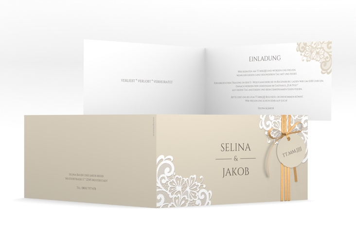 Hochzeitseinladung Vintage lange Klappkarte quer mit floraler Spitze