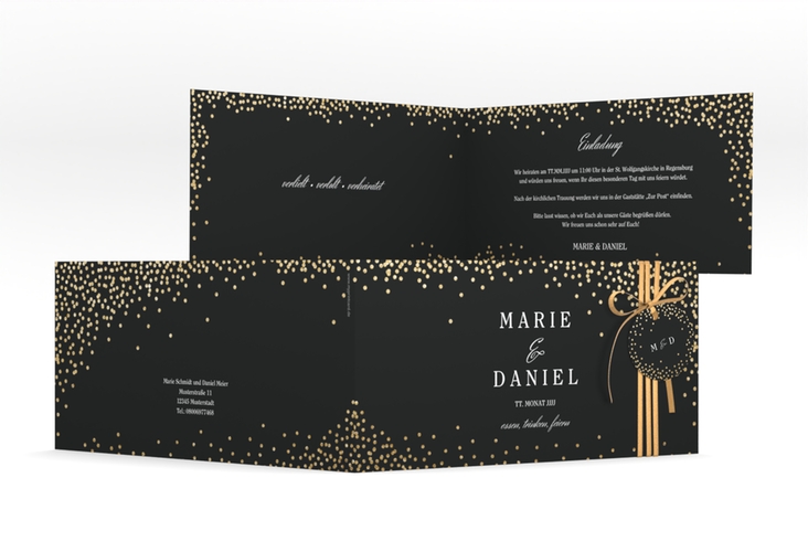 Hochzeitseinladung Glitter lange Klappkarte quer schwarz hochglanz