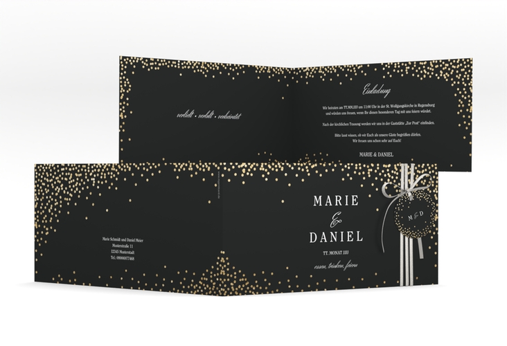 Hochzeitseinladung Glitter lange Klappkarte quer schwarz hochglanz
